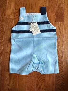 The Beaufort Bonnet Company Light Blue Gingham Romper with Navy Trim